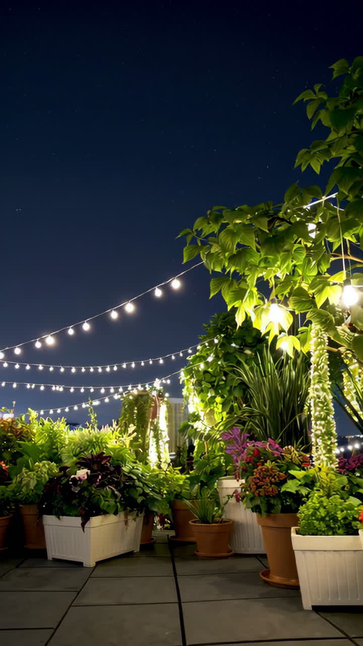 Rooftop Garden at Night with String Lights