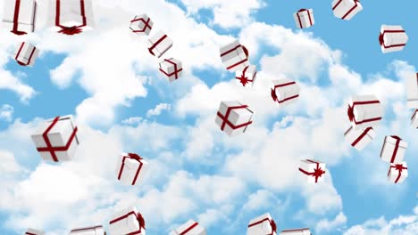 animation of falling gifts over cloudy sky