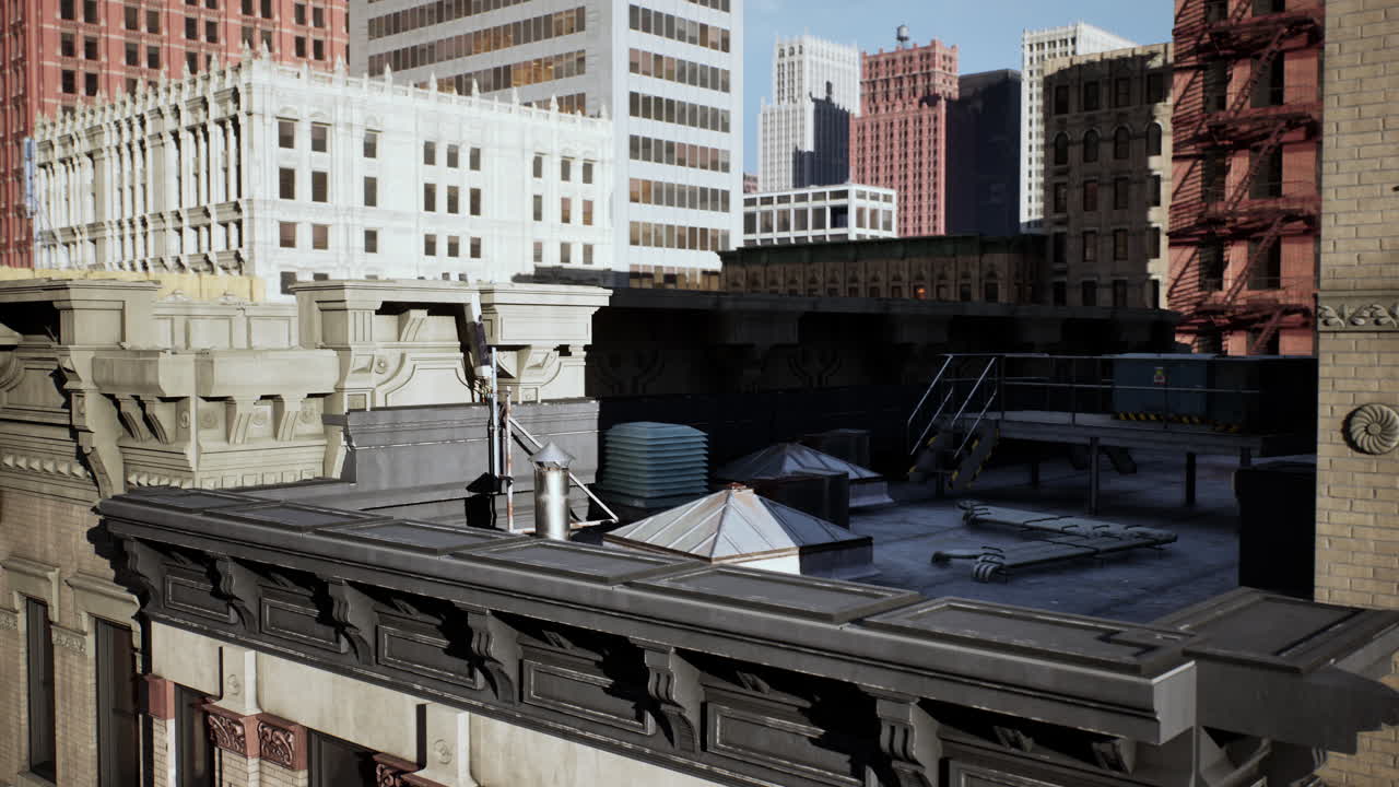 초고층 빌딩 지붕 에서 시내 해가 지는 풍경