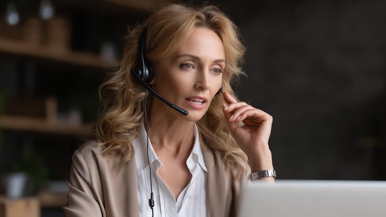 Engasjert og profesjonell kvinne med headset fokusert på dataskjermen, som demonstrerer effektive virtuelle kommunikasjonsevner i et moderne arbeidsområde
