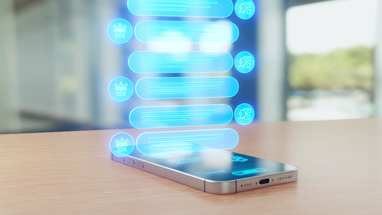 A smartphone on a table projects a futuristic holographic interface showing AI chat bubbles and icons for artificial intelligence conversation