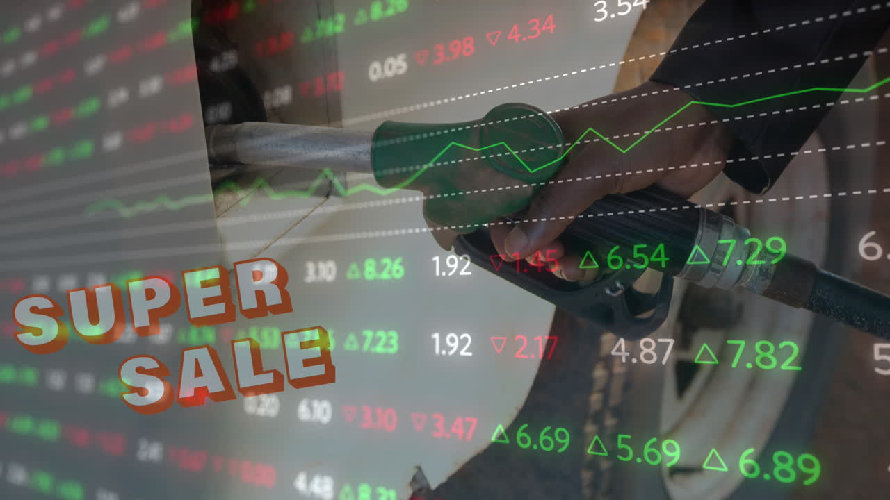 판매 텍스트의 애니메이션 및 가스 스테이션에서 연료를 채우는 사람의 중간 섹션에 대한 금융 데이터 처리