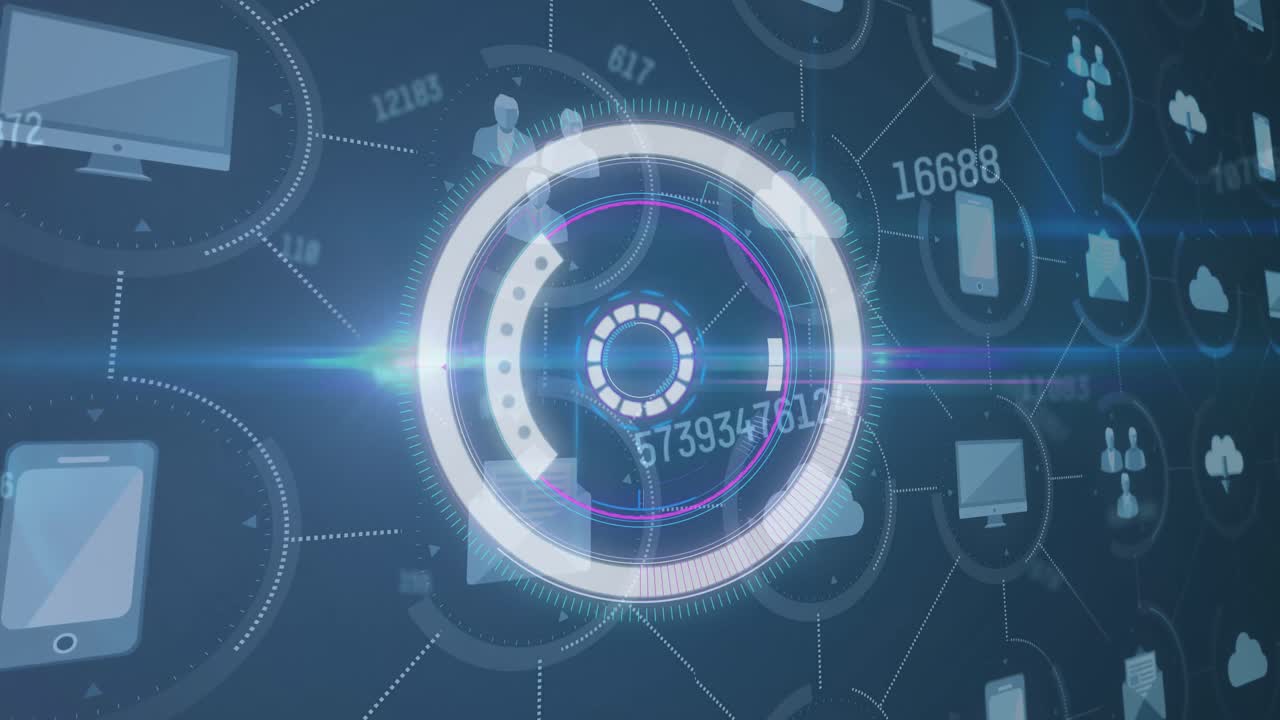 Animation of scope scanning and numbers changing over hexagon digital icons