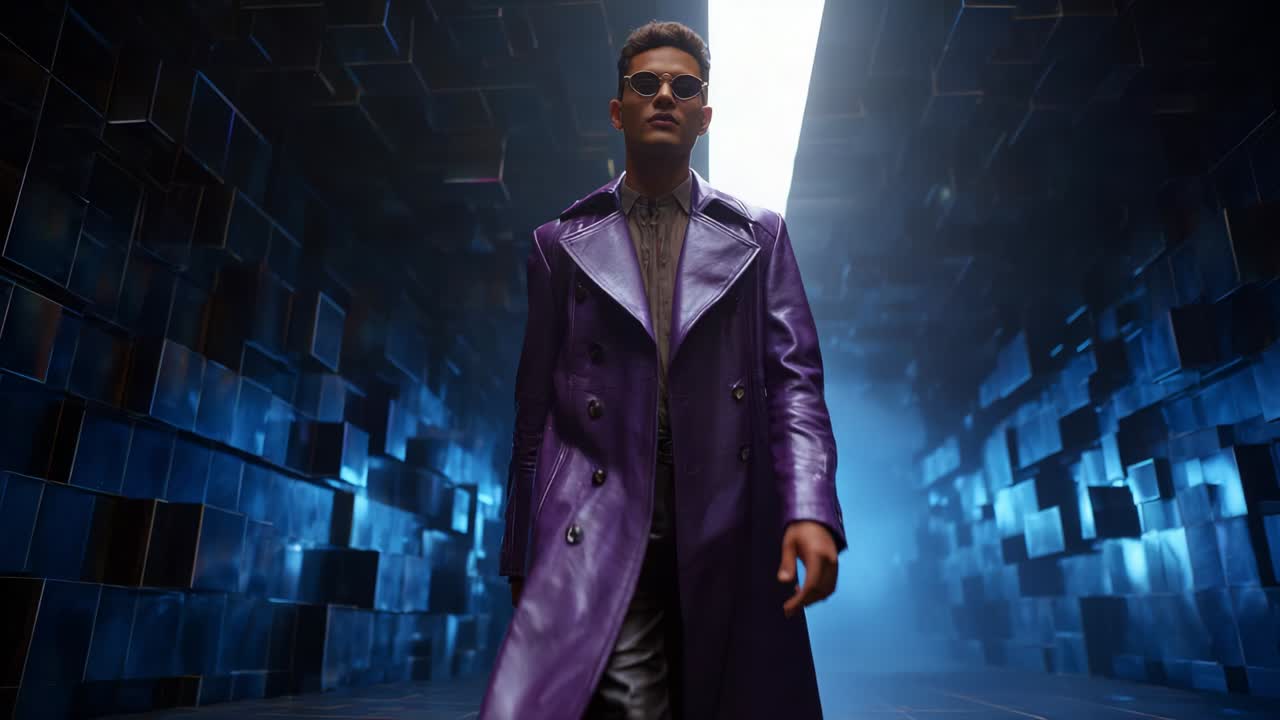 A confident figure stands amidst a visually striking, futuristic environment characterized by a dramatic interplay of light and shadows, exuding style and charisma in a vibrant purple coat and sunglasses