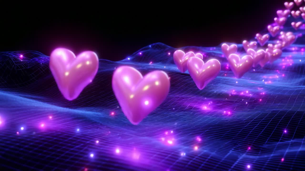 A Stunning Visualization of Flowing Pink Hearts on a Digital Waveform Created in a Vibrant and Colorful Space, Highlighting Movement, Love, and Joy in a Fantastical Abstract Design