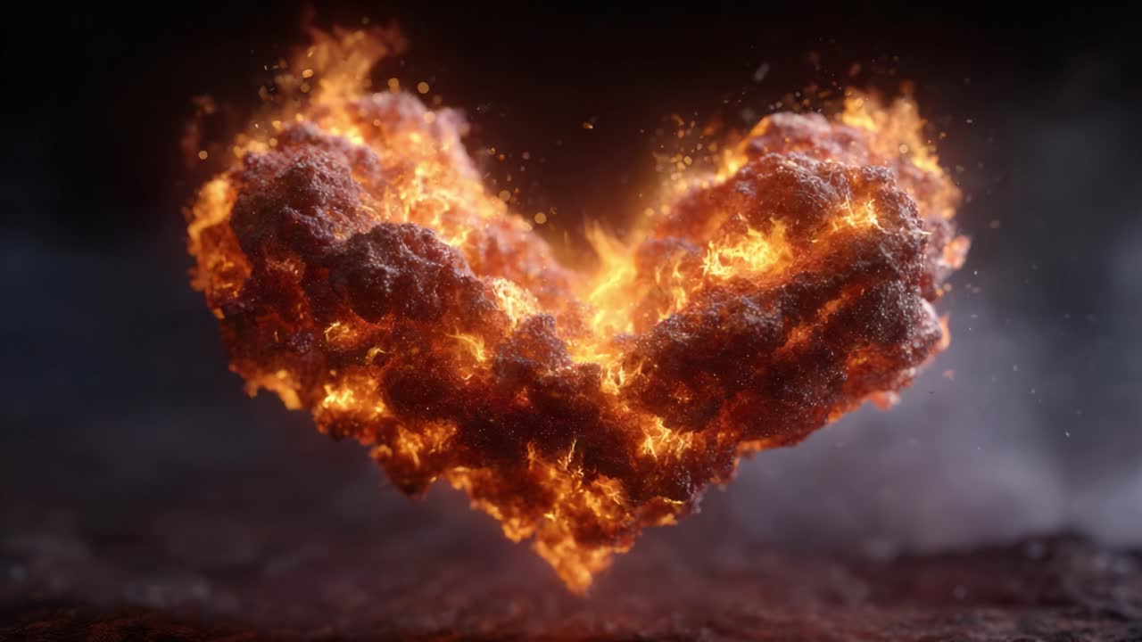 A Stunning Visual Representation of Passion: A Heart-Shaped Blaze Igniting with Flames and Smoke, Symbolizing Intense Emotion and Love in a Fiery Display