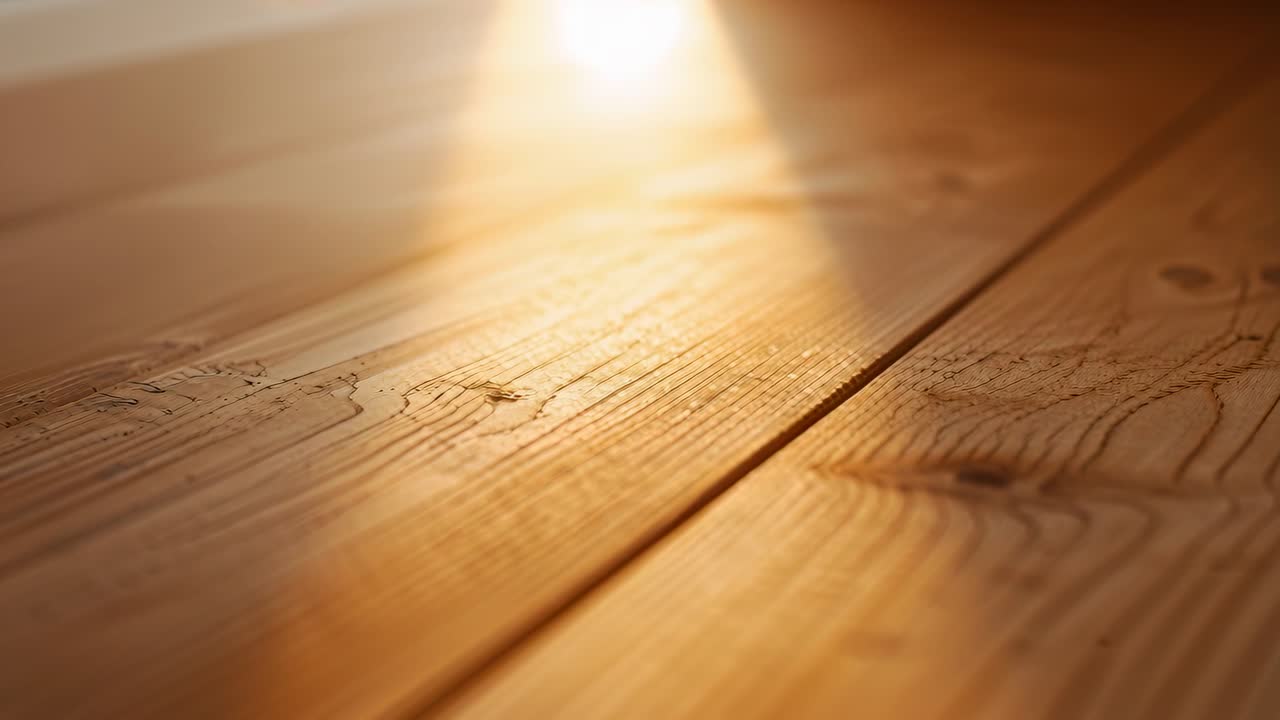 En varm solstråle bevæger sig hen over trægulvets planker i en lav vinkel og fremhæver plankernes samlinger.