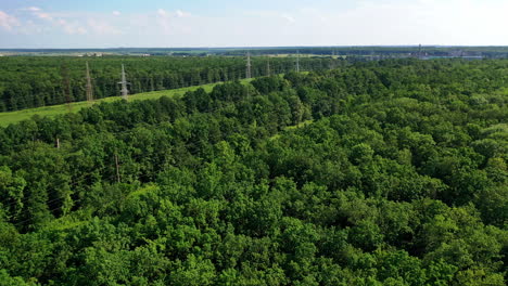 high voltage steel power pylons. transmission lines in summer day. electric tower lines among green nature at daylight. aerial view.