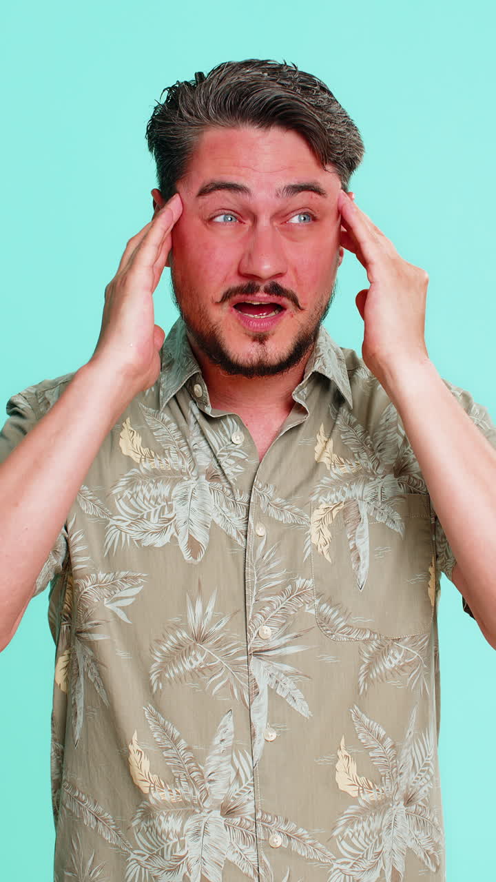 Adult man touching forehead closing eyes suffering headache pain feeling stress fatigue health issue