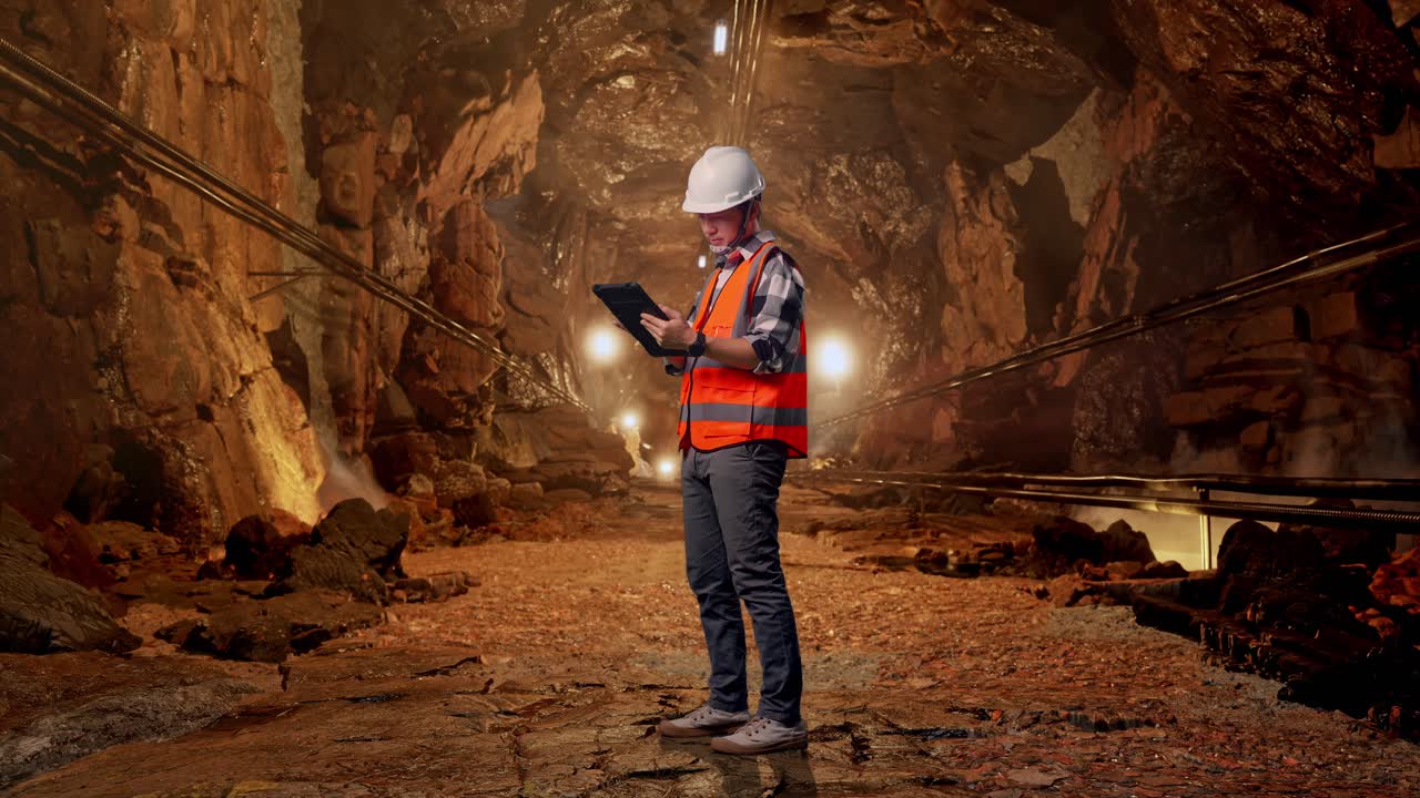 Full Body Side View Of Asian Male Engineer With Safety Helmet Working On A Tablet While Standing In Underground Mine Tunnel