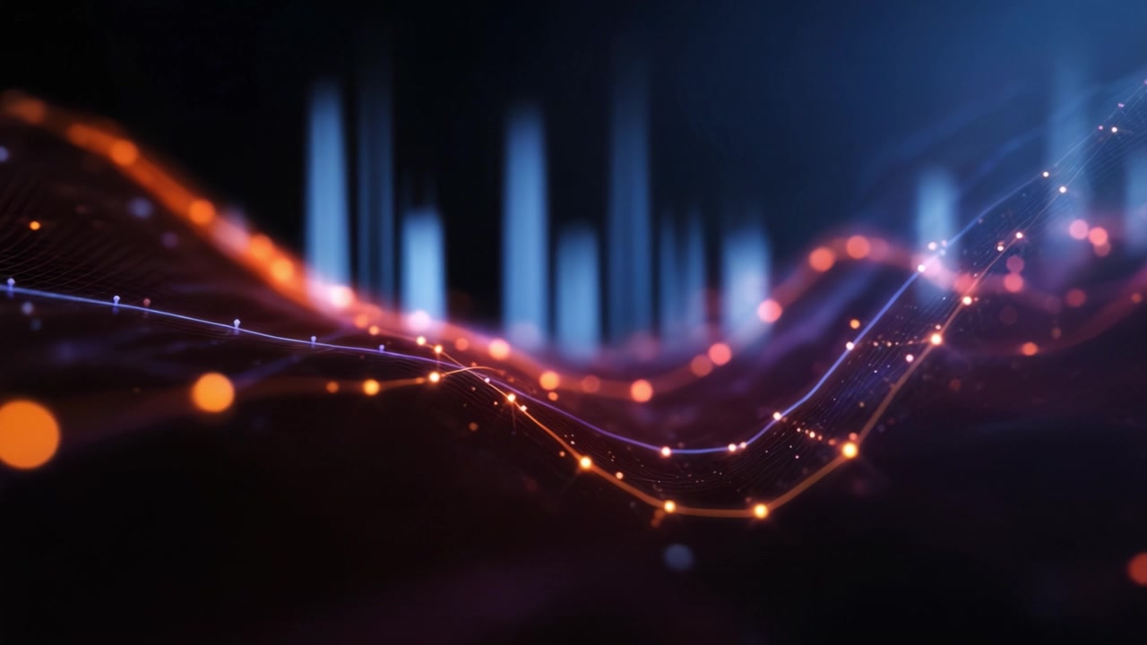 Dynamic waves of colorful data visualizations showcasing intricate patterns and rhythms in a digital landscape of vibrant particles and glowing elements.
