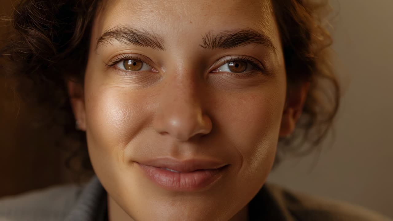 Turning slowly woman with grey jacket on set revealing hoop earring, reacting to off-frame cue