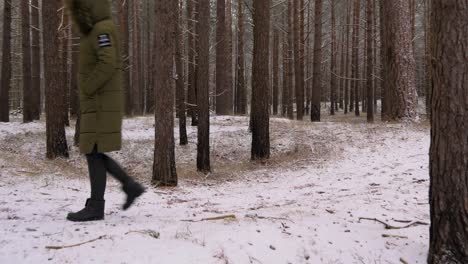 young woman in green winter clothes walks in the snowy pine wood along the sandy shore of the baltic sea beach, overcast day, wide tracking jib shot