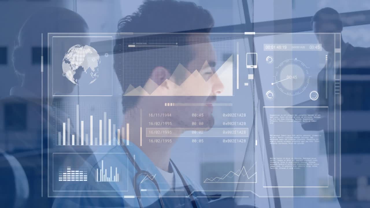 animación del procesamiento de datos financieros y estadísticas sobre el médico caucásico masculino