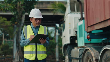 engineer inspecting a truck trailer