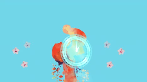 Neon-digital-clock-ticking-against-red-paint-splash-and-multiple-flowers-floating-on-blue-background