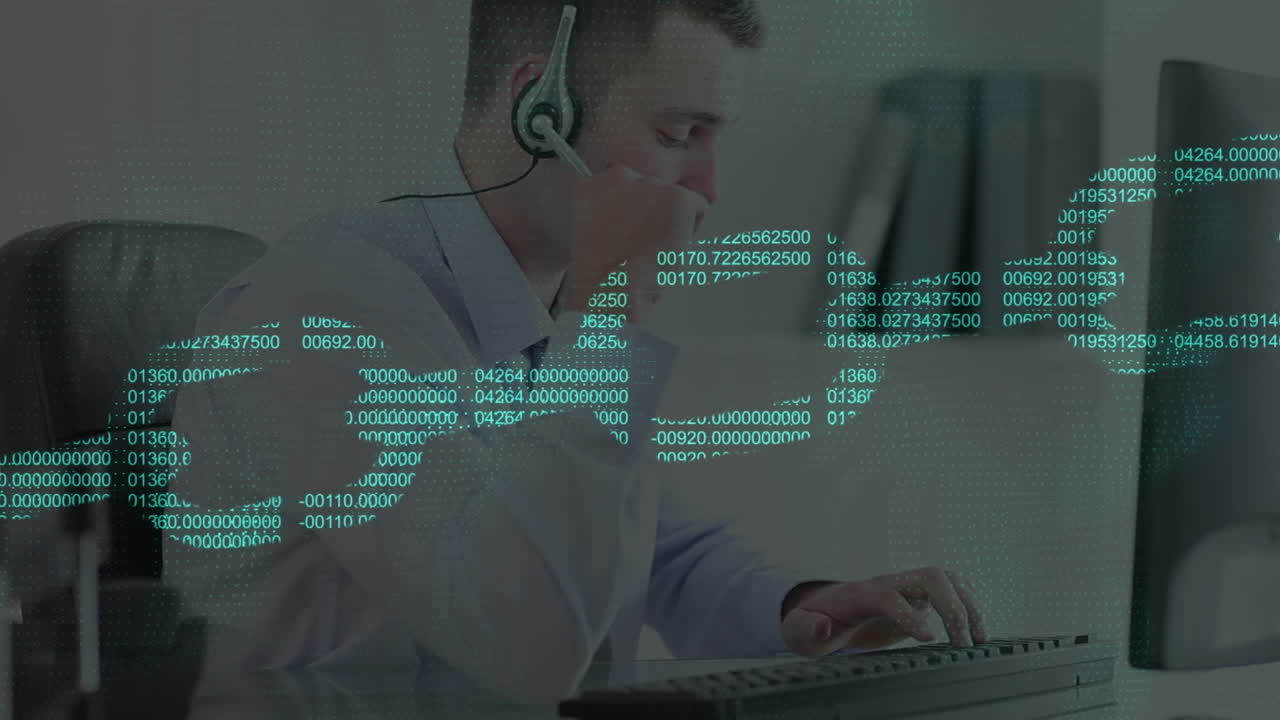 animación de la cadena y el procesamiento de datos sobre un hombre de negocios con auriculares