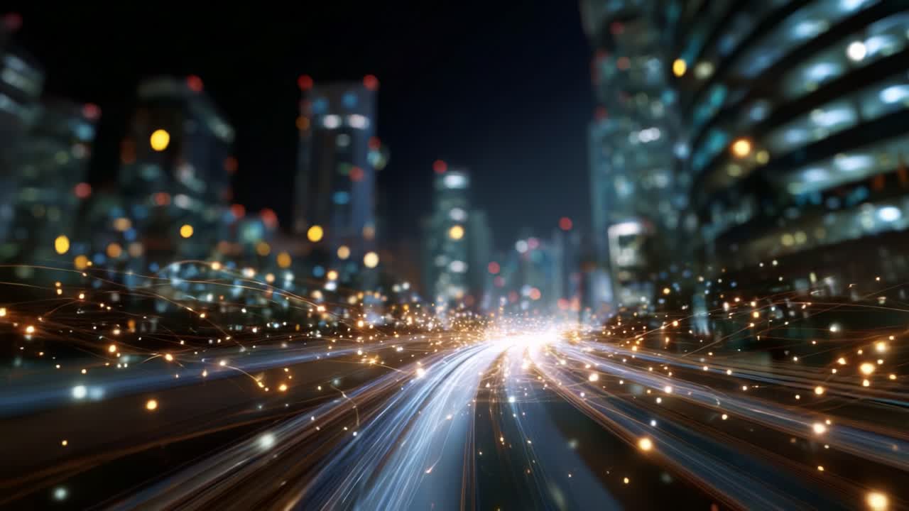 Dynamische Stadtlandschaft bei Nacht: Eine lebendige Darstellung von Lichtspuren auf einer belebten städtischen Straße mit Wolkenkratzern, die im Hintergrund beleuchtet sind und eine atemberaubende Szene erzeugen