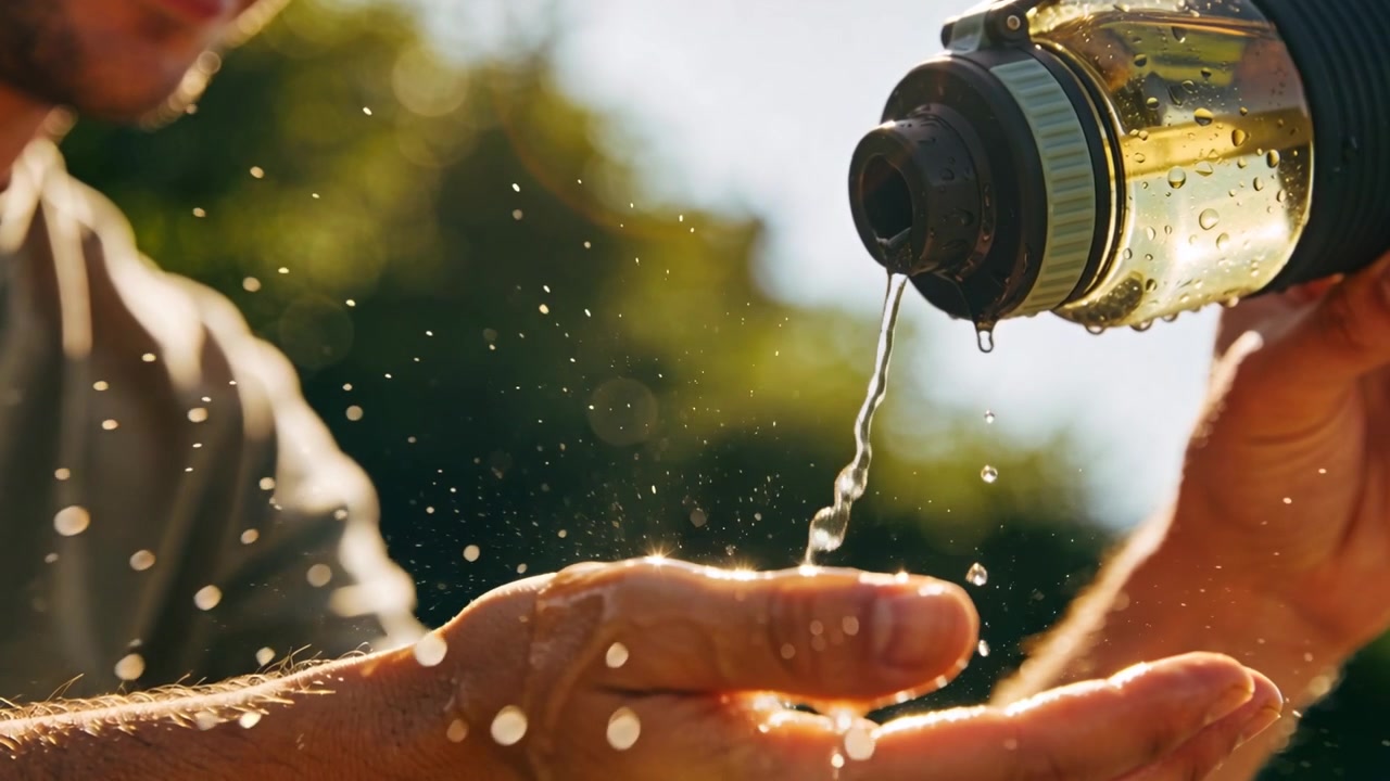 Uomo in maglietta che si inclina versando acqua nella mano a coppa per bere al parco, con una borraccia sportiva.