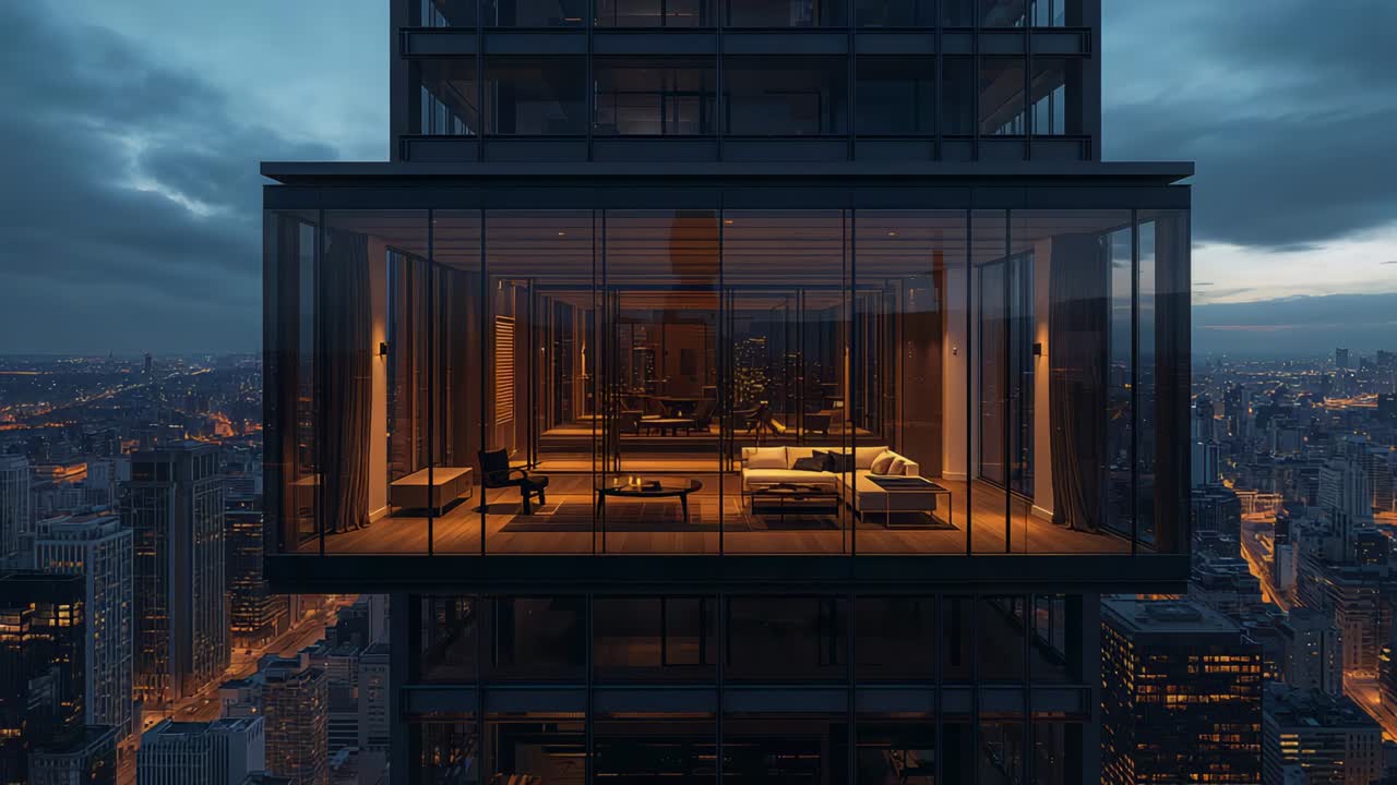 Approaching aerial camera revealing cantilevered glass unit at dusk to reveal warm lit living space