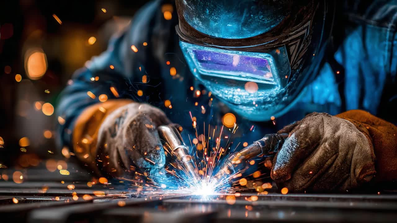 A skilled welder deftly manipulates welding equipment, creating dazzling sparks and vibrant colors, showcasing the artistry and precision involved in metal fabrication