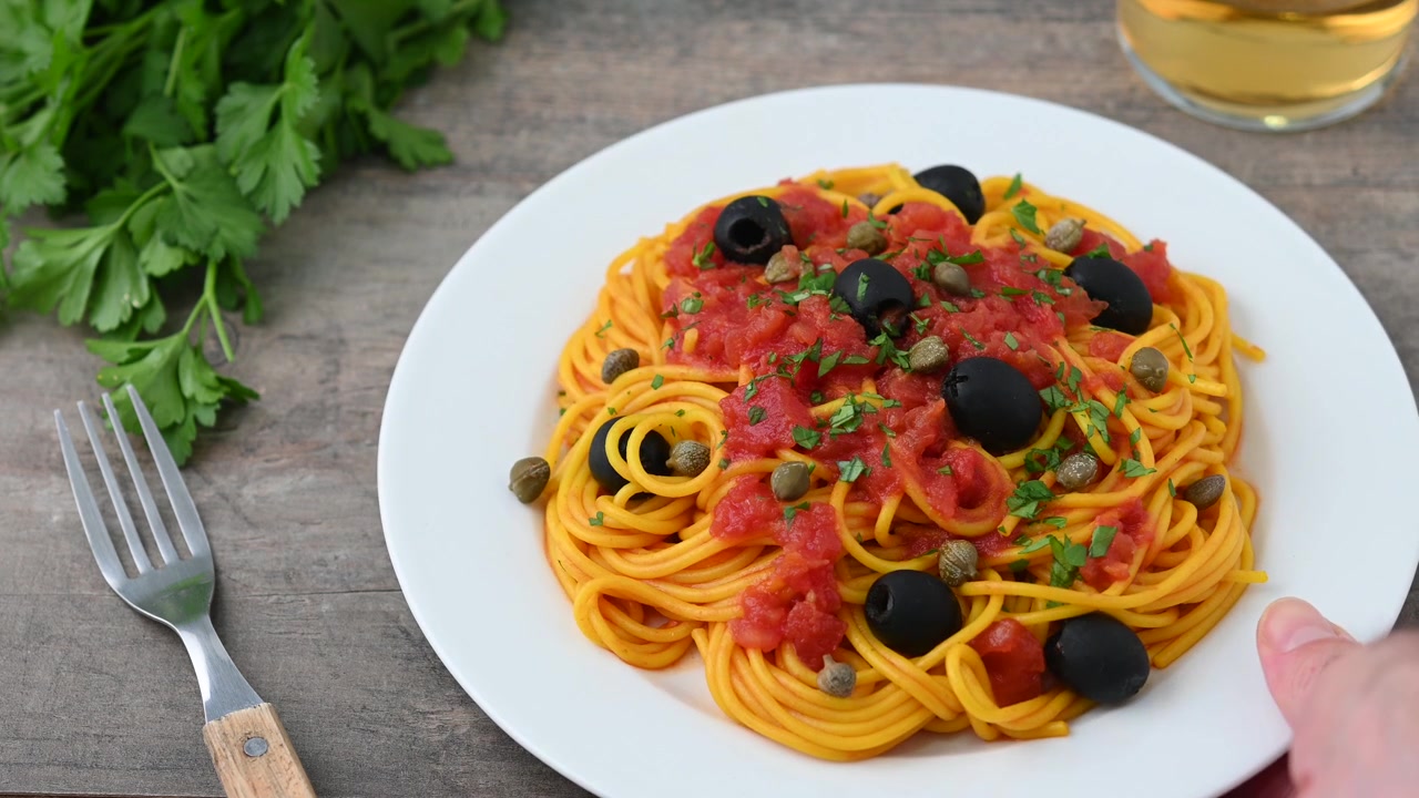 Pasta alla puttanesca italiana con salsa di pomodoro, capperi e olive nere