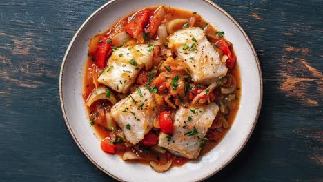 delicious plate of cod with roasted vegetables on rustic table