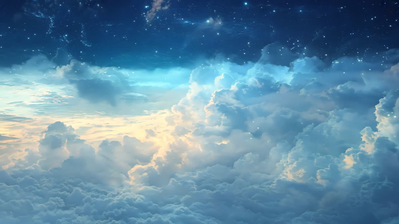 The sky is filled with clouds and stars. The sky is a beautiful blue color