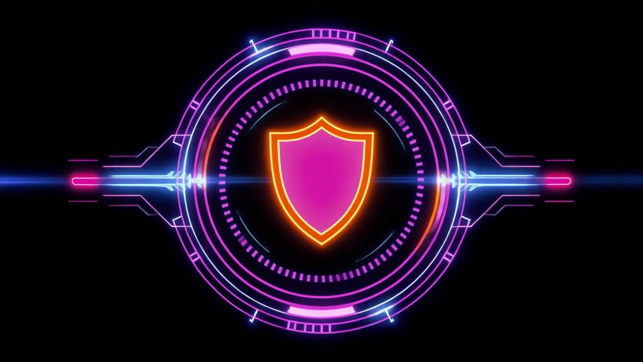 Animated Digital Security Shield Icon with Futuristic Neon HUD