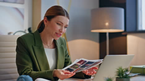 inspired woman speaking virtual conference in office closeup. architect talking