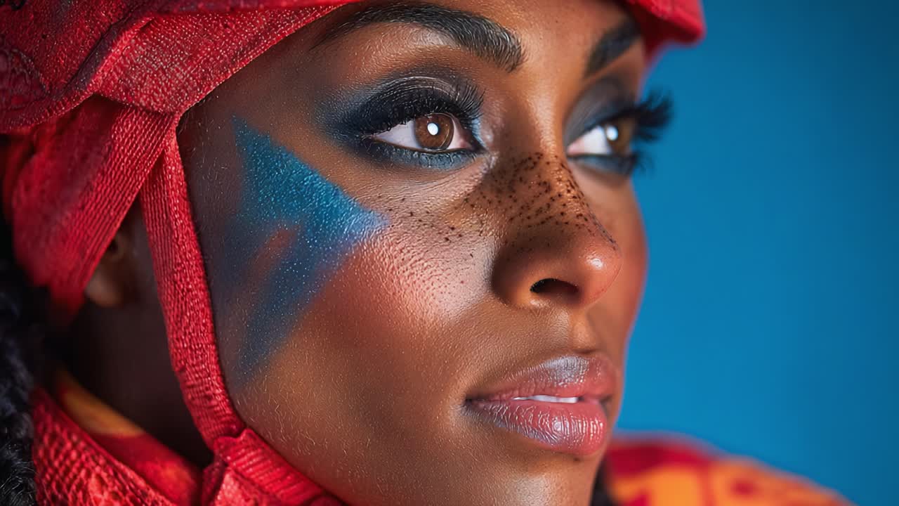 Splendido ritratto di una donna sicura di sé con trucco audace e stile vivace, che mette in risalto caratteristiche uniche su uno sfondo blu brillante