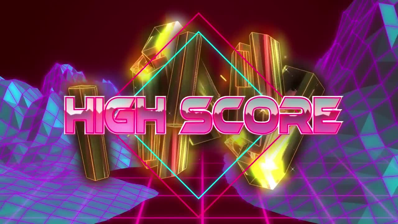 빨간 바탕에 3d 산 구조물에 대한 네온 배너 위의 높은 점수 텍스트