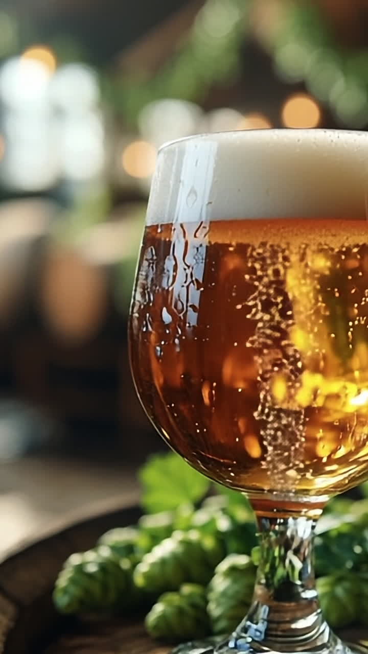 Craft beer served in a glass with hops. Golden craft beer sits in a glass next to fresh hops and herbs in a rustic brewery setting.
