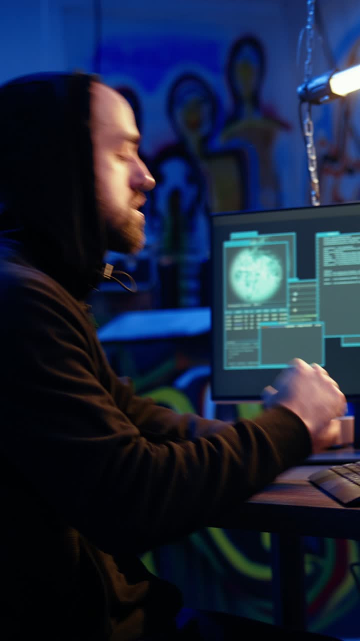 Vertical video Hacker happy after successfully gaining access to victims data