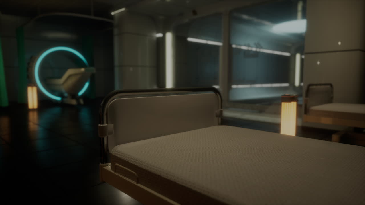 침대와 의료 장비가 있는 미래의 병원 방