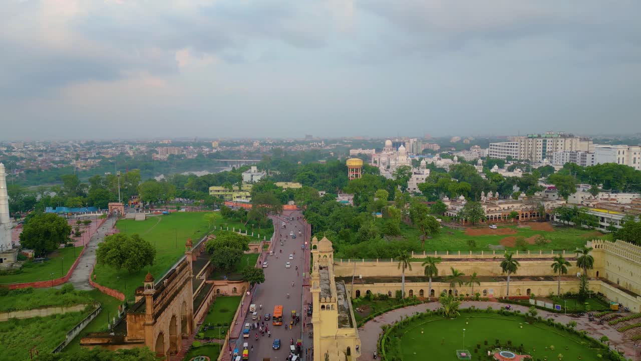 Husainabad Clock Tower and Bada Imambara India Architecture view from drone
