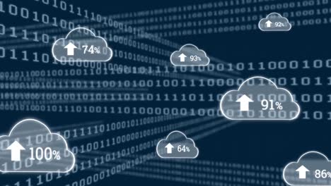 animation of cloud icons and data processing over dark background