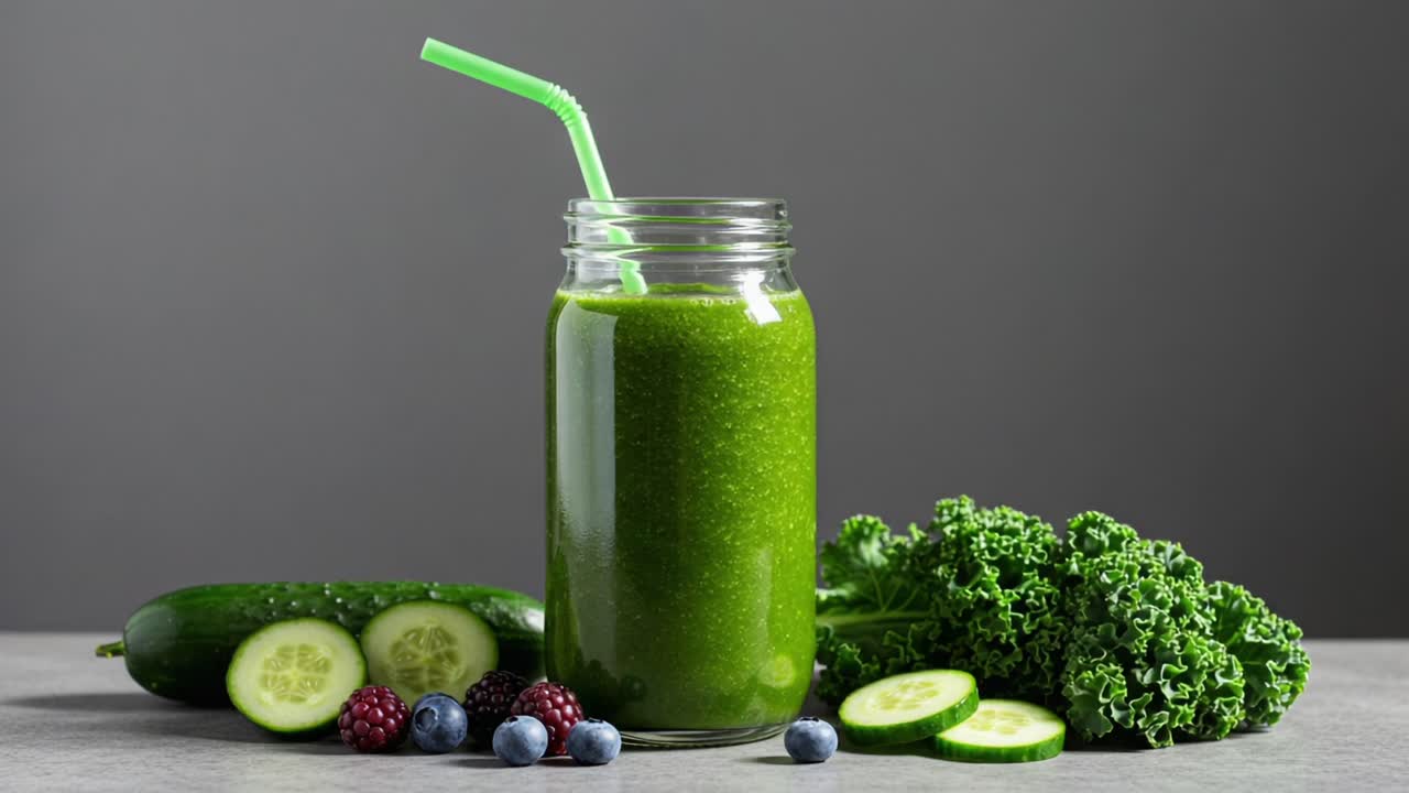 A Refreshing Green Smoothie Blended to Perfection with Fresh Ingredients Including Kale, Cucumber, and Berries for a Healthy Boost