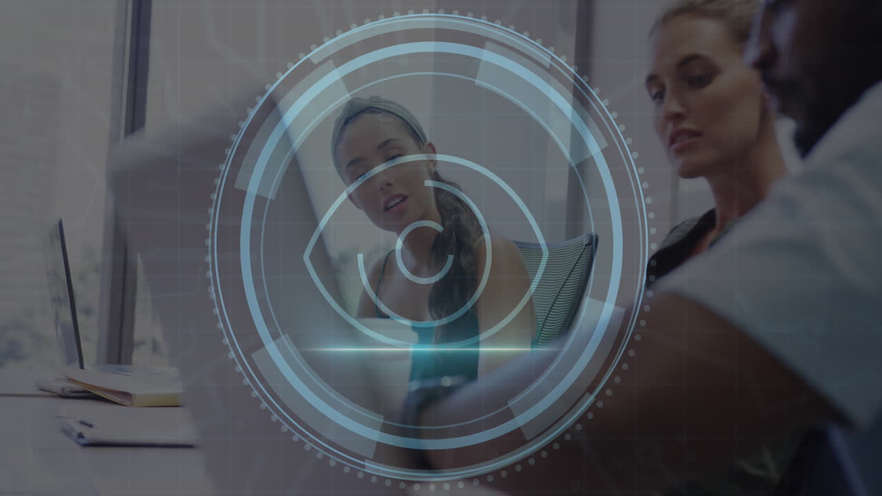 Animation of cyber security text and eye icon over diverse colleagues planning strategy in meeting