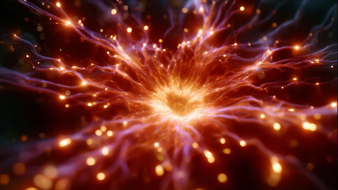 A mesmerizing view of energetic particles radiating outward, showcasing vibrant colors and intricate patterns resembling a cosmic explosion or neural network activity