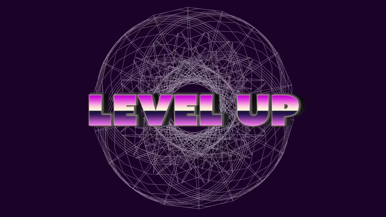 Animation of level up text over moving graphics on dark background