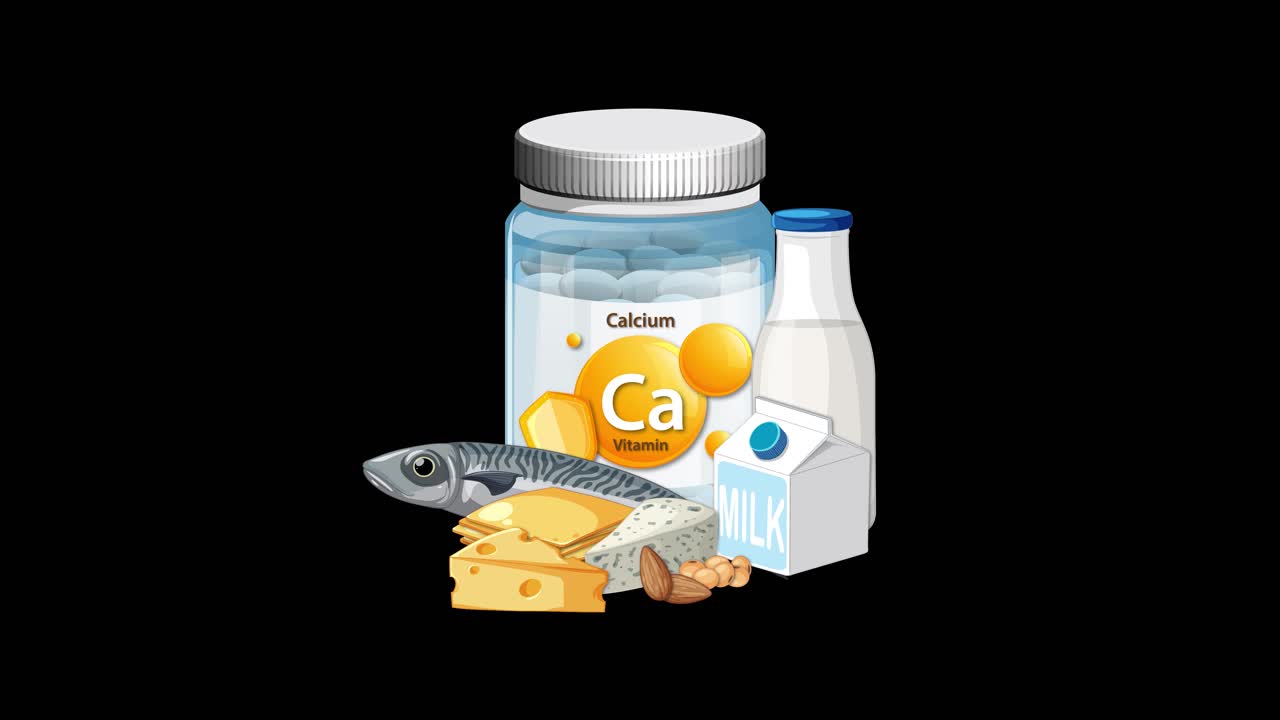 Calcium supplement bottle transitions to include milk, cheese, fish, and nuts on black background