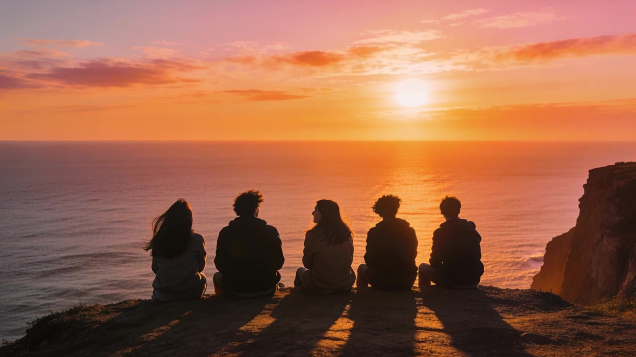 Fem venner sidder og ser solen gå ned over havet på en klippekant, iført jakker, lange skygger