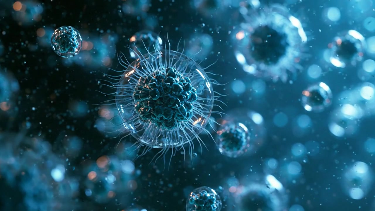 Cellule blu luminose che fluttuano attraverso un ambiente biologico microscopico scuro