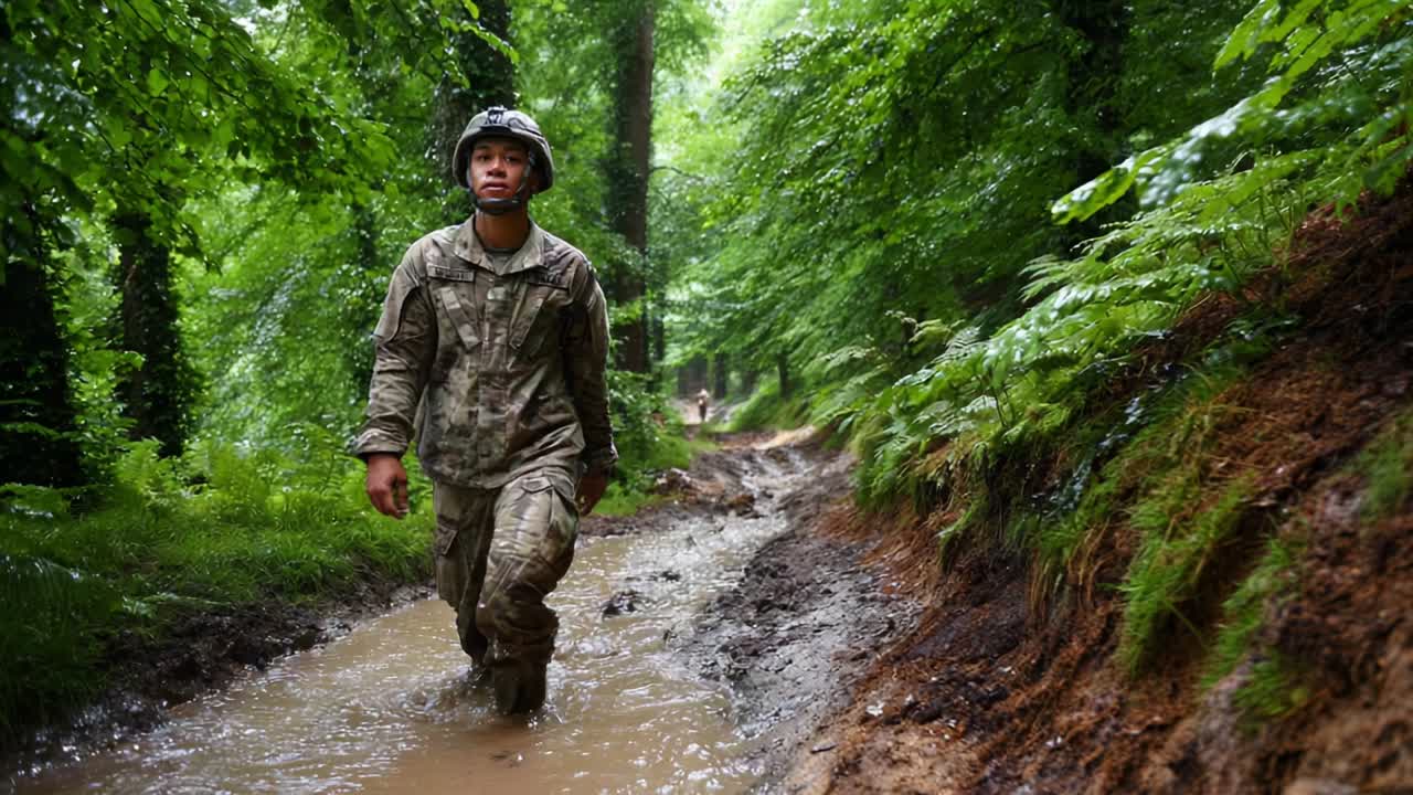 A Soldier Navigates Through a Rain-Soaked Forest Path, Demonstrating Resilience and Determination in Challenging Conditions Surrounded by Lush Greenery and Muddy Terrain