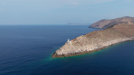 aerial of rocky cape tainaron stretching into calm blue sea, southern peloponnese coast establishing