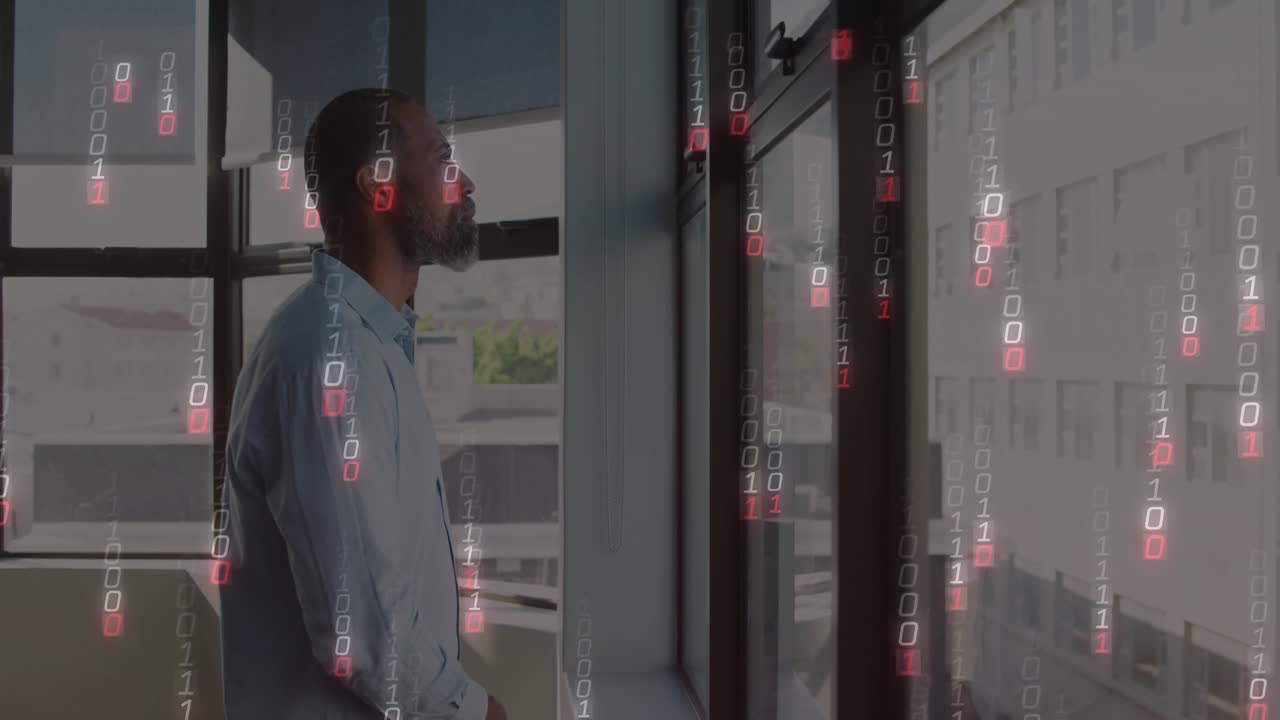Tech professional adjusting collar at window initiating binary code cascading visualizing data