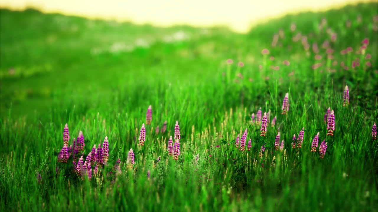 야생 꽃 은 빛 이 있는 초원 을 가로질러 활기찬 색 으로 꽃 을 피운다