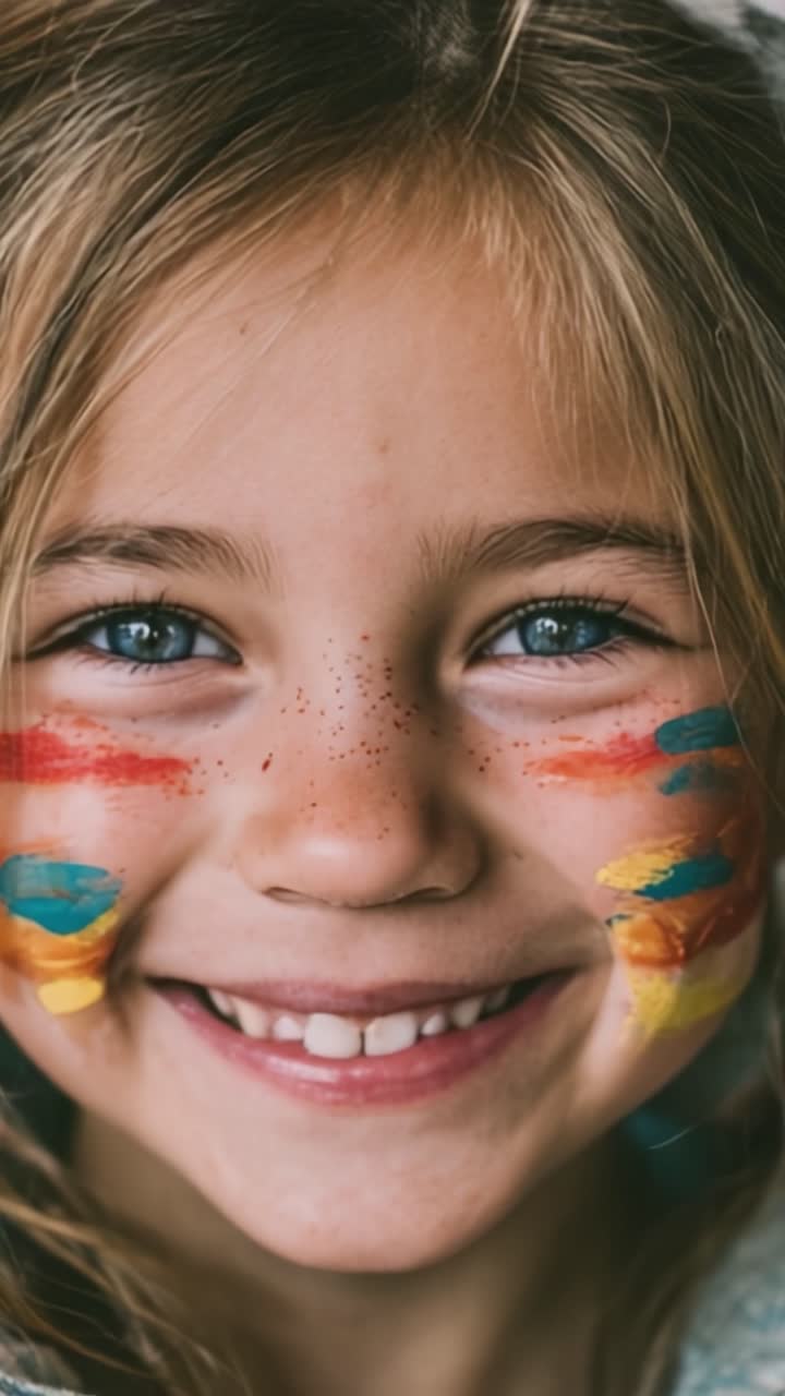 Una niña alegre con pintura facial que muestra colores vibrantes y una sonrisa radiante, capturando la esencia del juego y la creatividad infantil.