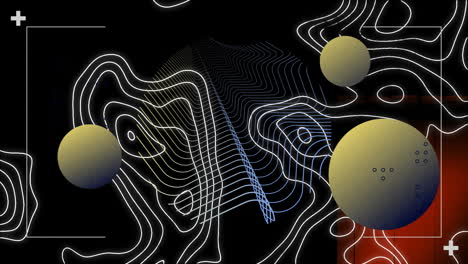 animación de líneas de contorno blancas, con líneas curvas y esferas amarillas en negro